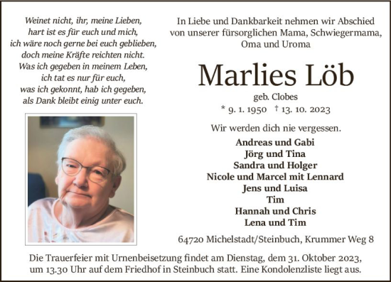 Traueranzeige von Marlies Löb von Odenwälder Echo