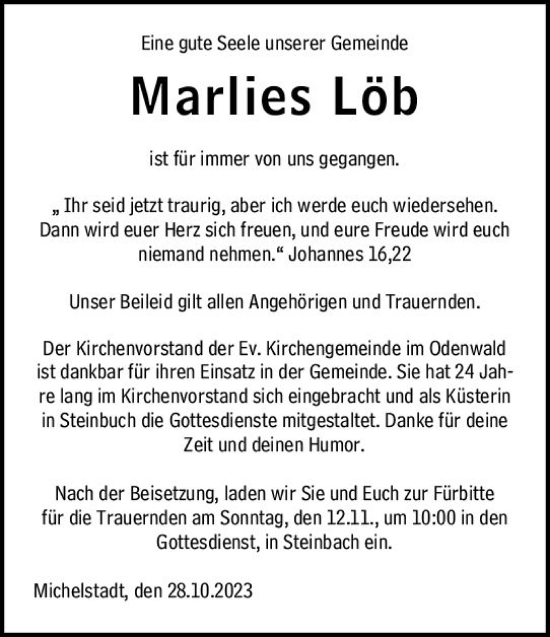 Traueranzeige von Marlies Löb von Odenwälder Echo