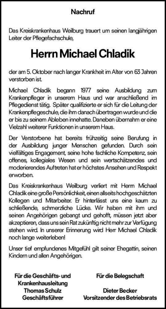 Traueranzeige von Michael Chladik von Weilburger Tageblatt