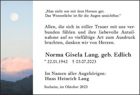 Traueranzeige von Norma Gisela Lang von Darmstädter Echo