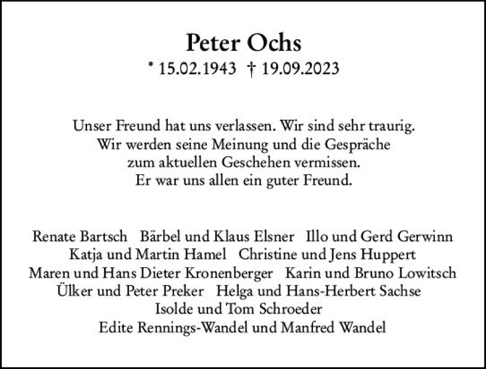  Traueranzeige für Peter Ochs vom 10.10.2023 aus Allgemeine Zeitung Bingen/Ingelheim