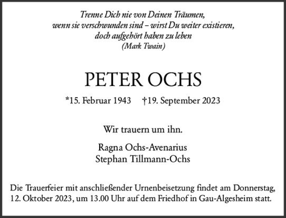  Traueranzeige für Peter Ochs vom 10.10.2023 aus Allgemeine Zeitung Bingen/Ingelheim