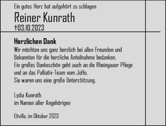 Traueranzeige von Reiner Kunrath von Rheingau Kurier