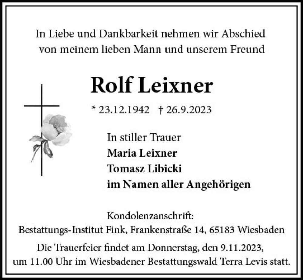  Traueranzeige für Rolf Leixner vom 21.10.2023 aus Wiesbadener Kurier
