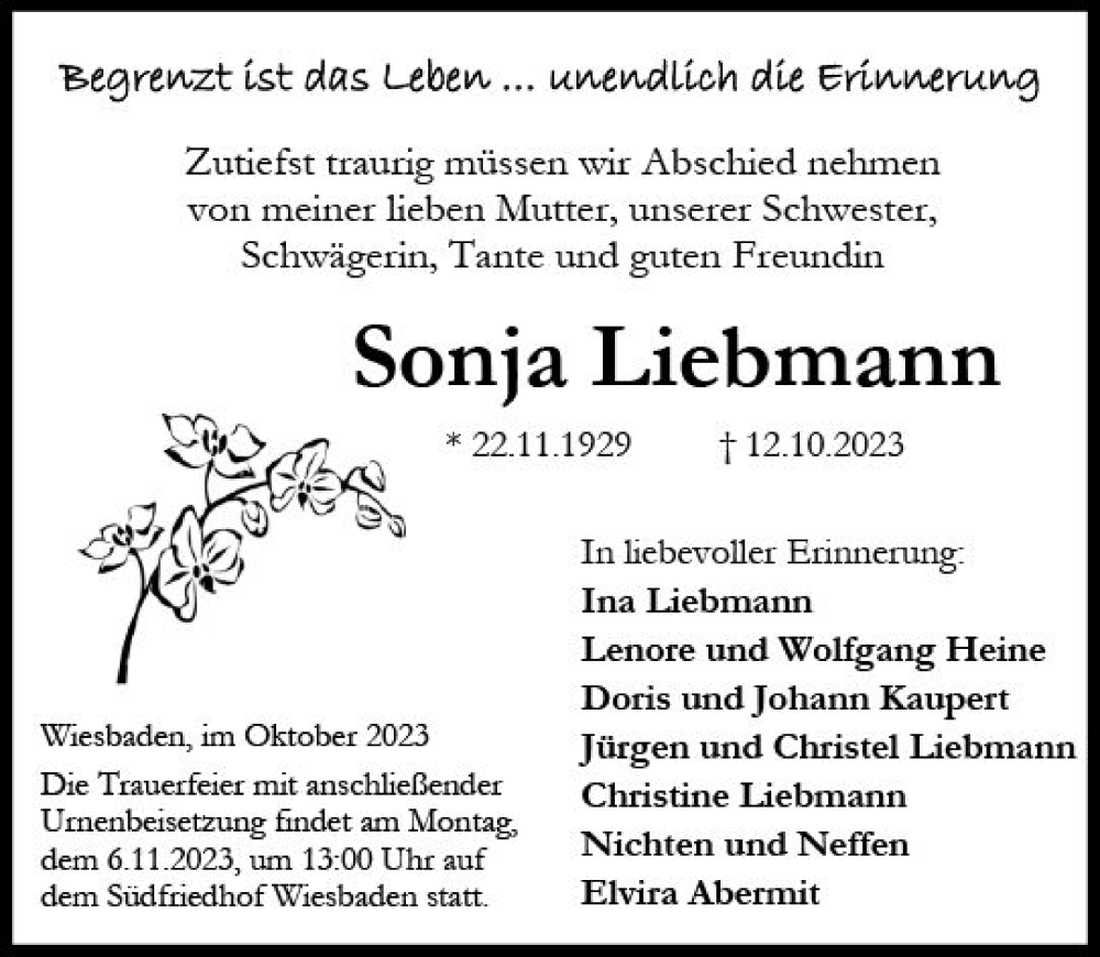  Traueranzeige für Sonja Liebmann vom 28.10.2023 aus Wiesbadener Kurier
