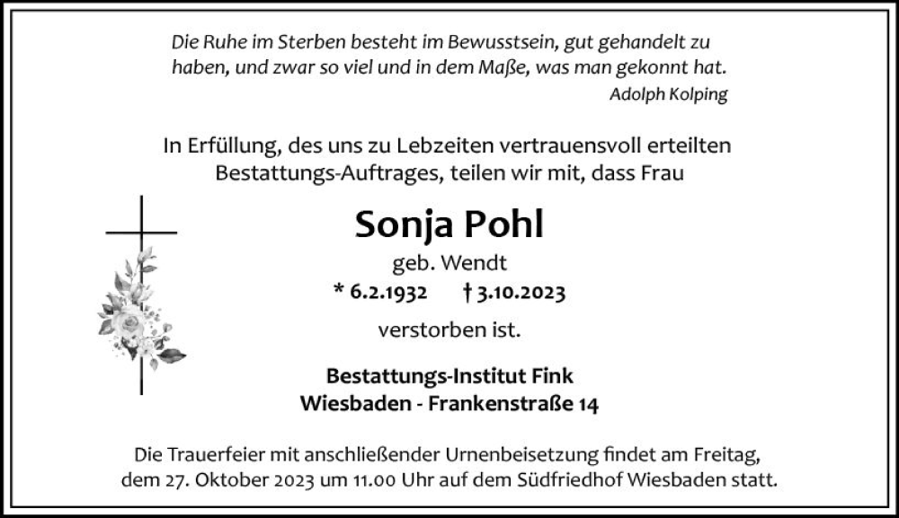  Traueranzeige für Sonja Pohl vom 07.10.2023 aus Wiesbadener Kurier