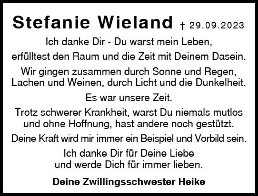  Traueranzeige für Stefanie Wieland vom 14.10.2023 aus Darmstädter Echo