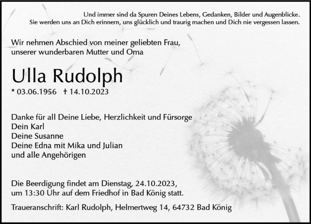  Traueranzeige für Ulla Rudolph vom 21.10.2023 aus Odenwälder Echo