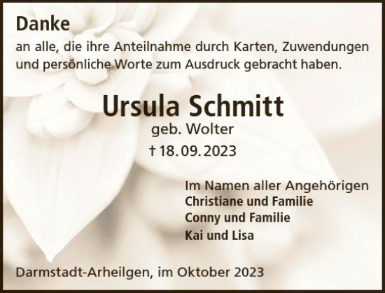 Traueranzeige von Ursula Schmitt von Darmstädter Echo