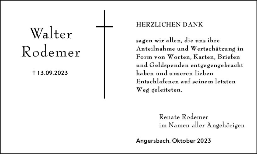  Traueranzeige für Walter Rodemer vom 28.10.2023 aus Oberhessen Kurier