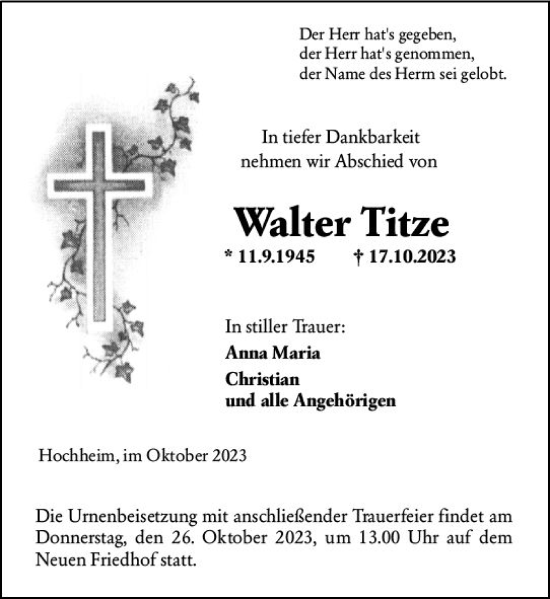 Traueranzeige von Walter Titze von Hochheimer Zeitung