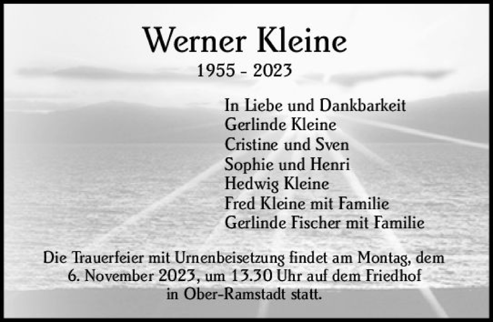  Traueranzeige für Werner Kleine vom 28.10.2023 aus Darmstädter Echo