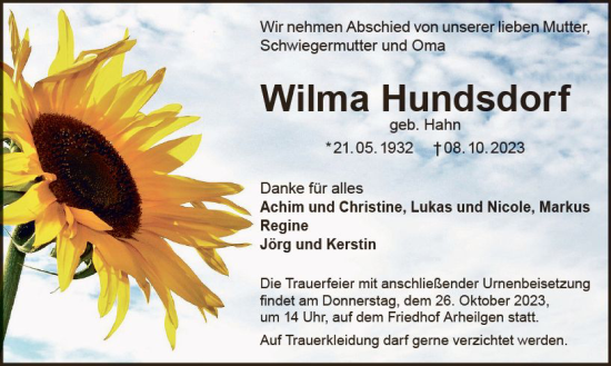 Traueranzeige von Wilma Hundsdorf von Darmstädter Echo