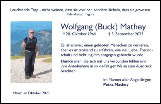 Traueranzeige von Wolfgang Mathey von Allgemeine Zeitung Mainz