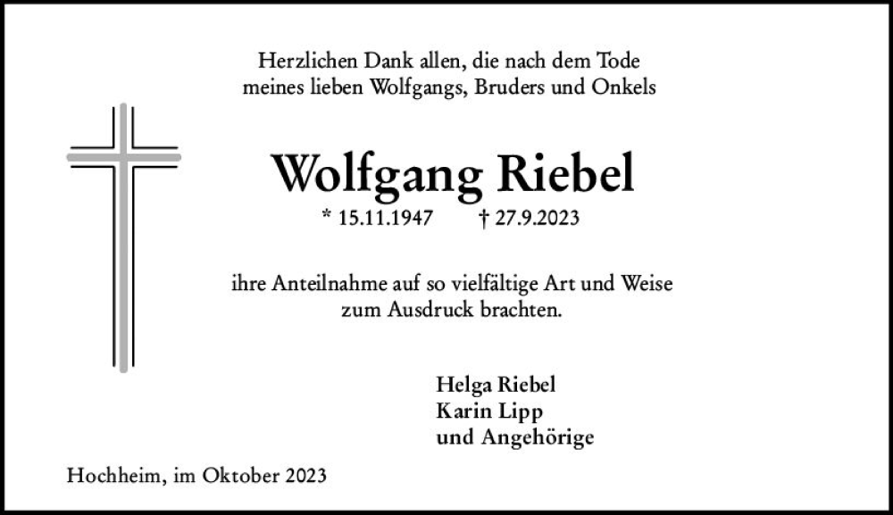  Traueranzeige für Wolfgang Riebel vom 27.10.2023 aus Hochheimer Zeitung