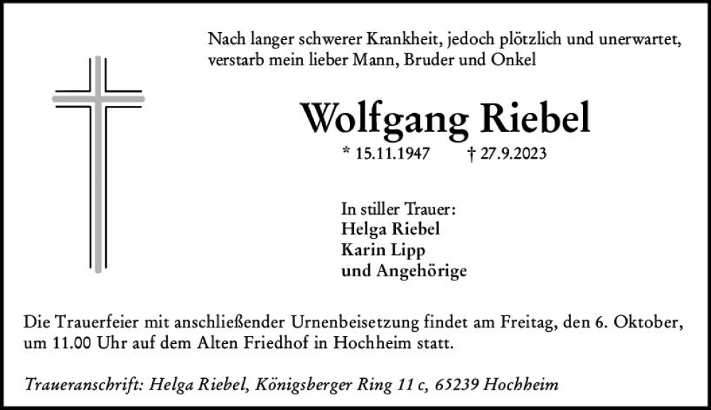  Traueranzeige für Wolfgang Riebel vom 06.10.2023 aus Hochheimer Zeitung