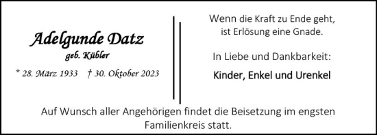 Traueranzeige von Adelgunde Datz von Allgemeine Zeitung Mainz
