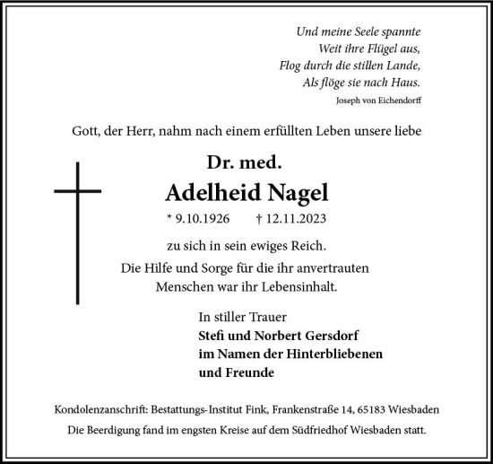 Traueranzeige von Adelheid Nagel von Wiesbadener Kurier