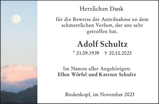 Traueranzeige von Adolf Schultz von Hinterländer Anzeiger