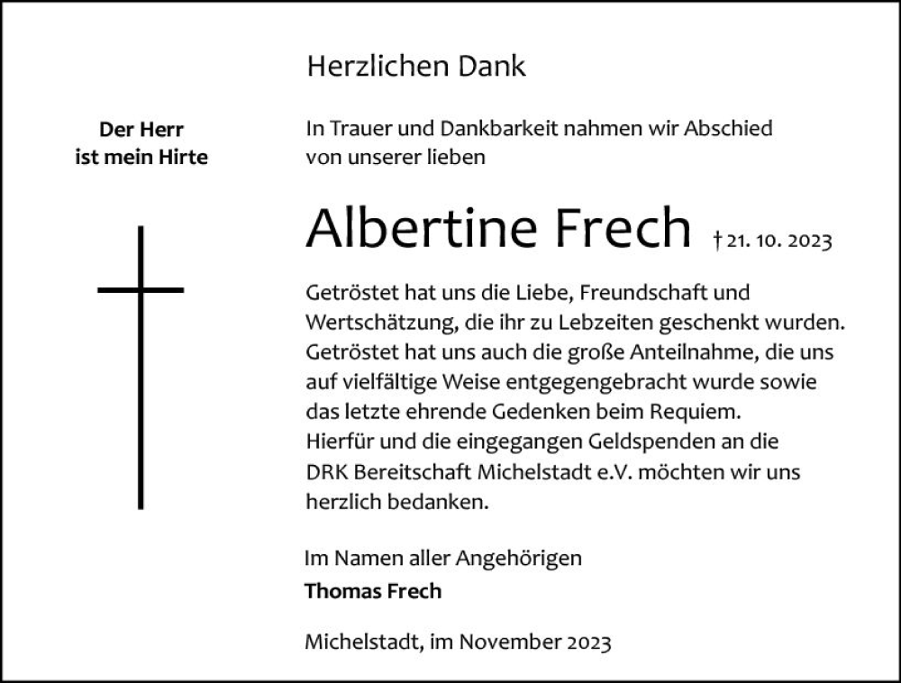  Traueranzeige für Albertine Frech vom 18.11.2023 aus Odenwälder Echo