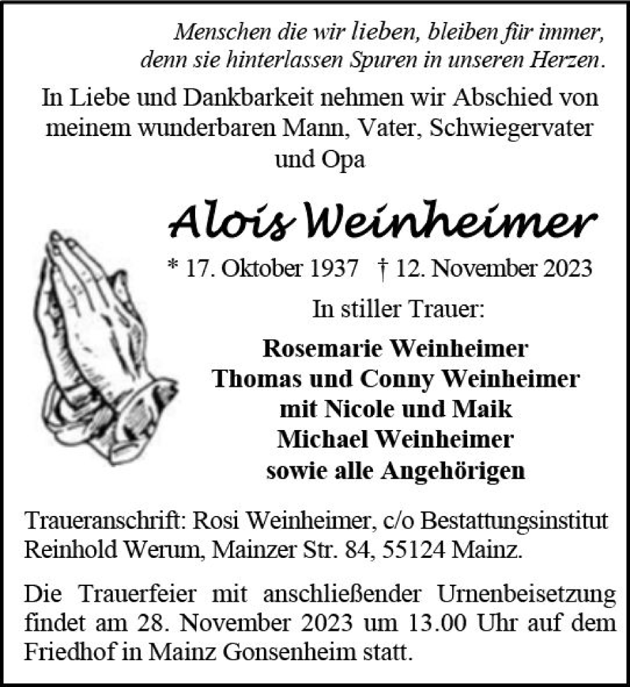  Traueranzeige für Alois Weinheimer vom 25.11.2023 aus Allgemeine Zeitung Mainz