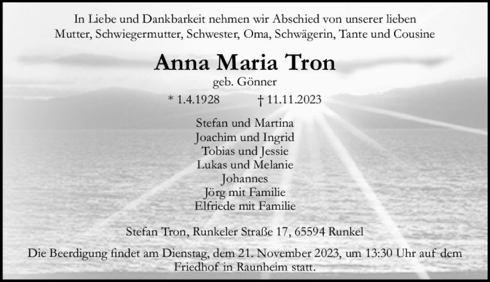 Traueranzeige für Anna Maria Tron vom 18.11.2023 aus Rüsselsheimer Echo