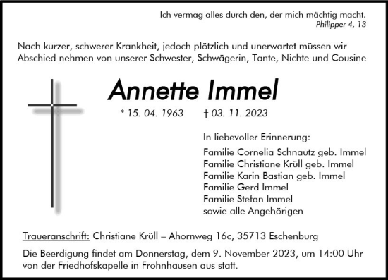 Traueranzeige von Annette Immel von Dill Block