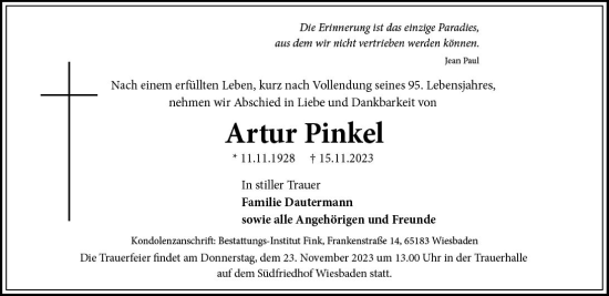 Traueranzeige von Artur Pinkel von Wiesbadener Kurier