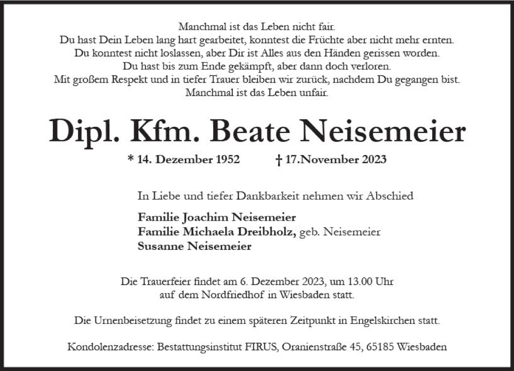  Traueranzeige für Beate Neisemeier vom 25.11.2023 aus Wiesbadener Kurier