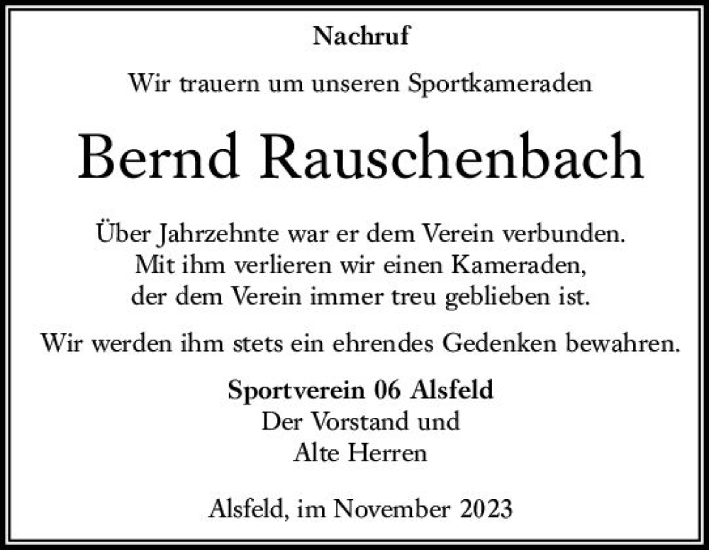  Traueranzeige für Bernd Rauschenbach vom 08.11.2023 aus VRM Trauer