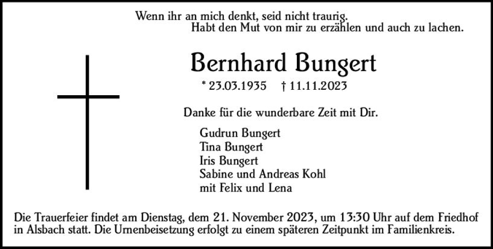  Traueranzeige für Bernhard Bungert vom 18.11.2023 aus Darmstädter Echo