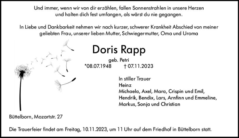  Traueranzeige für Doris Rapp vom 09.11.2023 aus Groß-Gerauer Echo