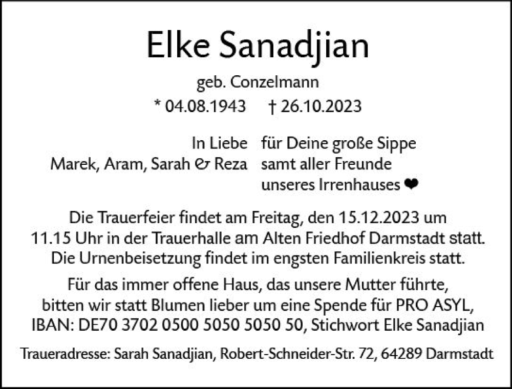  Traueranzeige für Elke Sanadjian vom 04.11.2023 aus Darmstädter Echo