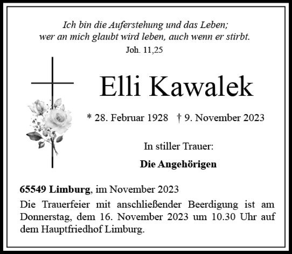  Traueranzeige für Elli Kawalek vom 11.11.2023 aus Nassauische Neue Presse