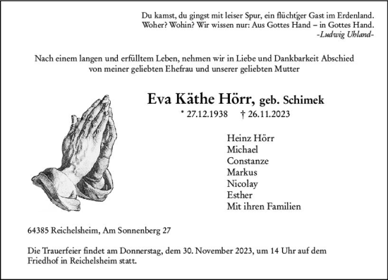 Traueranzeige von Eva Käthe Hörr von Odenwälder Echo