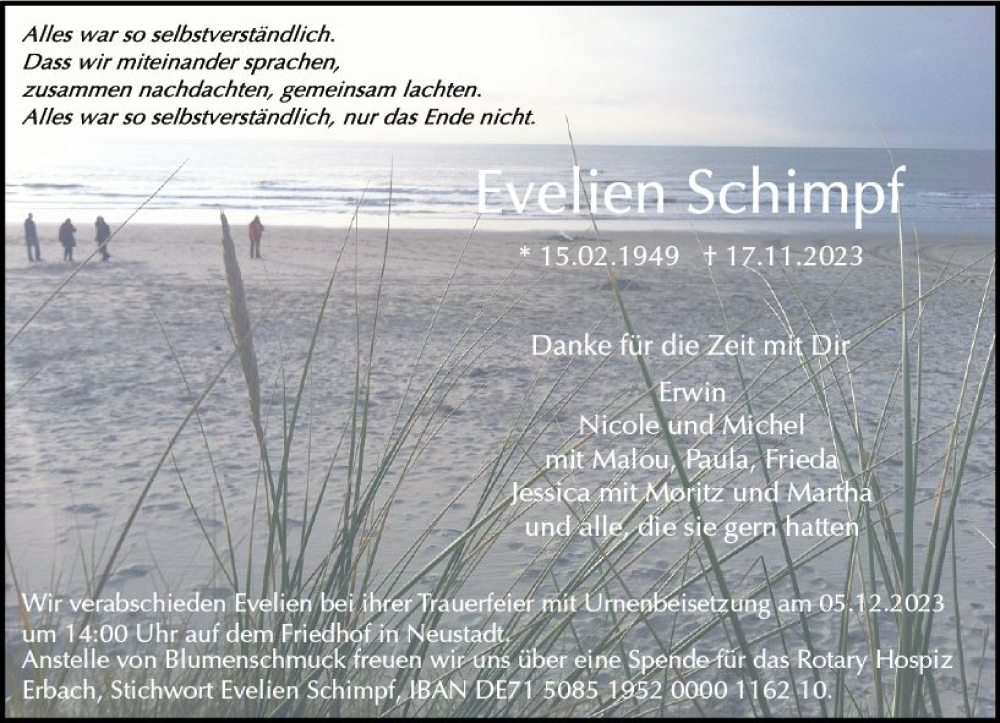  Traueranzeige für Evelien Schimpf vom 25.11.2023 aus Odenwälder Echo