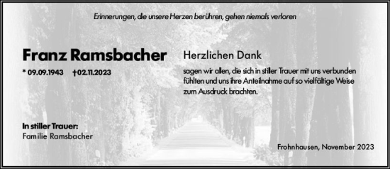 Traueranzeige von Franz Ramsbacher von Dill Block