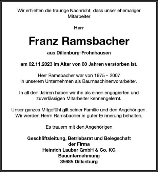 Traueranzeige von Franz Ramsbacher von Dill Block