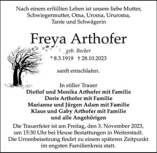 Traueranzeige von Freya Arthofer von Darmstädter Echo