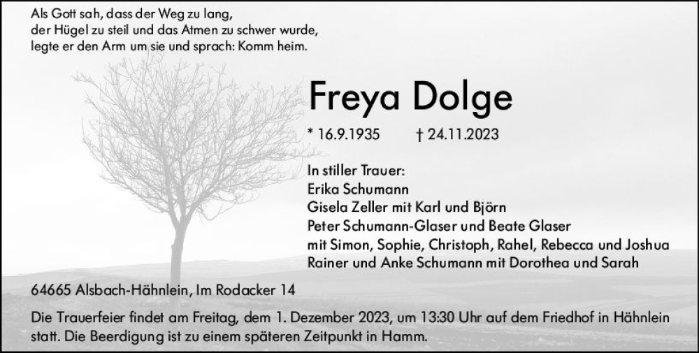  Traueranzeige für Freya Dolge vom 29.11.2023 aus Darmstädter Echo