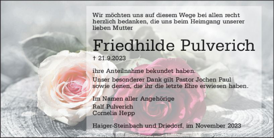 Traueranzeige von Friedhilde Pulverich von Dill Block