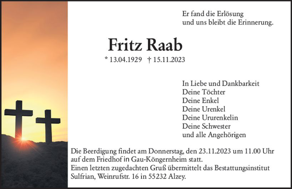  Traueranzeige für Fritz Raab vom 21.11.2023 aus Allgemeine Zeitung Alzey