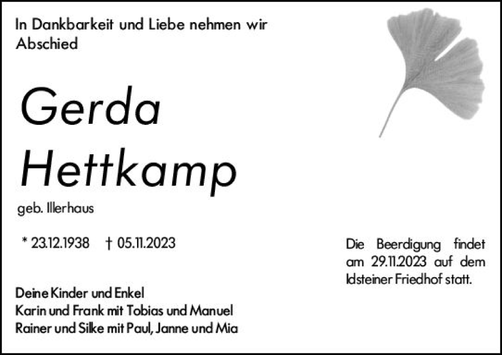 Traueranzeige für Gerda Hettkamp vom 20.11.2023 aus Rüsselsheimer Echo