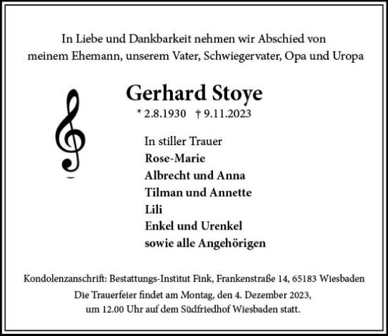 Traueranzeige von Gerhard Stoye von Wiesbadener Kurier