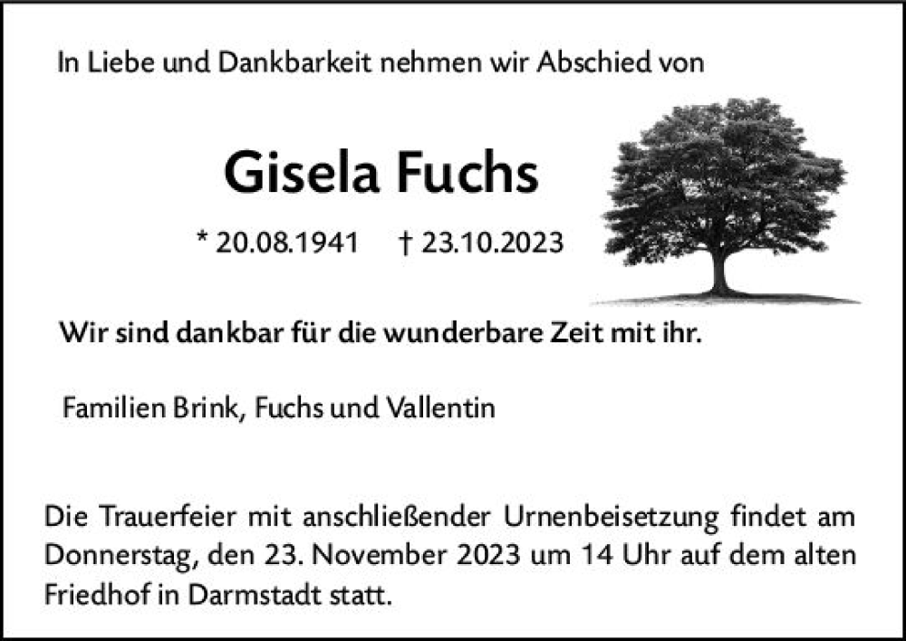  Traueranzeige für Gisela Fuchs vom 11.11.2023 aus Darmstädter Echo