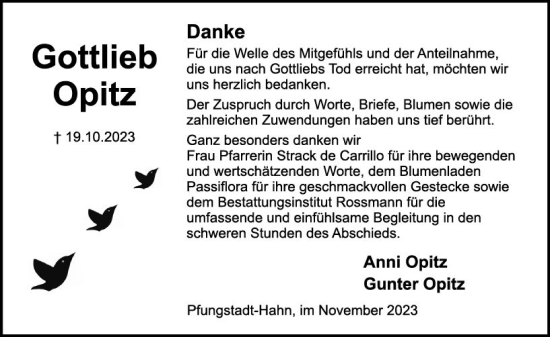 Traueranzeige von Gottlieb Opitz von Darmstädter Echo