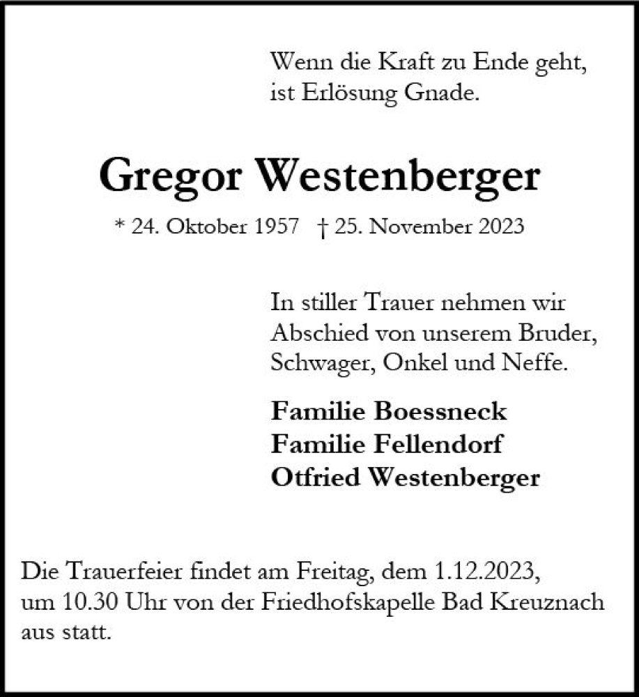  Traueranzeige für Gregor Westenberger vom 29.11.2023 aus Allgemeine Zeitung Bad Kreuznach