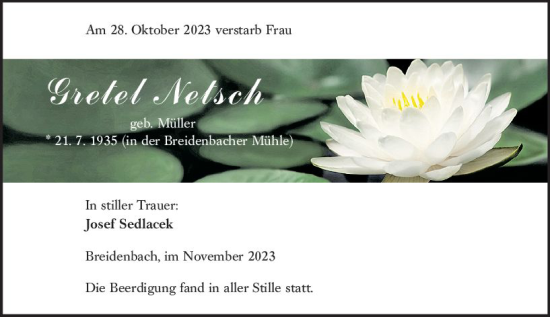Traueranzeige von Gretel Netsch von Hinterländer Anzeiger