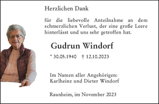 Traueranzeige von Gudrun Windorf von Rüsselsheimer Echo