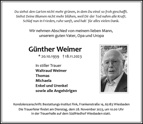 Traueranzeige von Günther Weimer von Wiesbadener Kurier